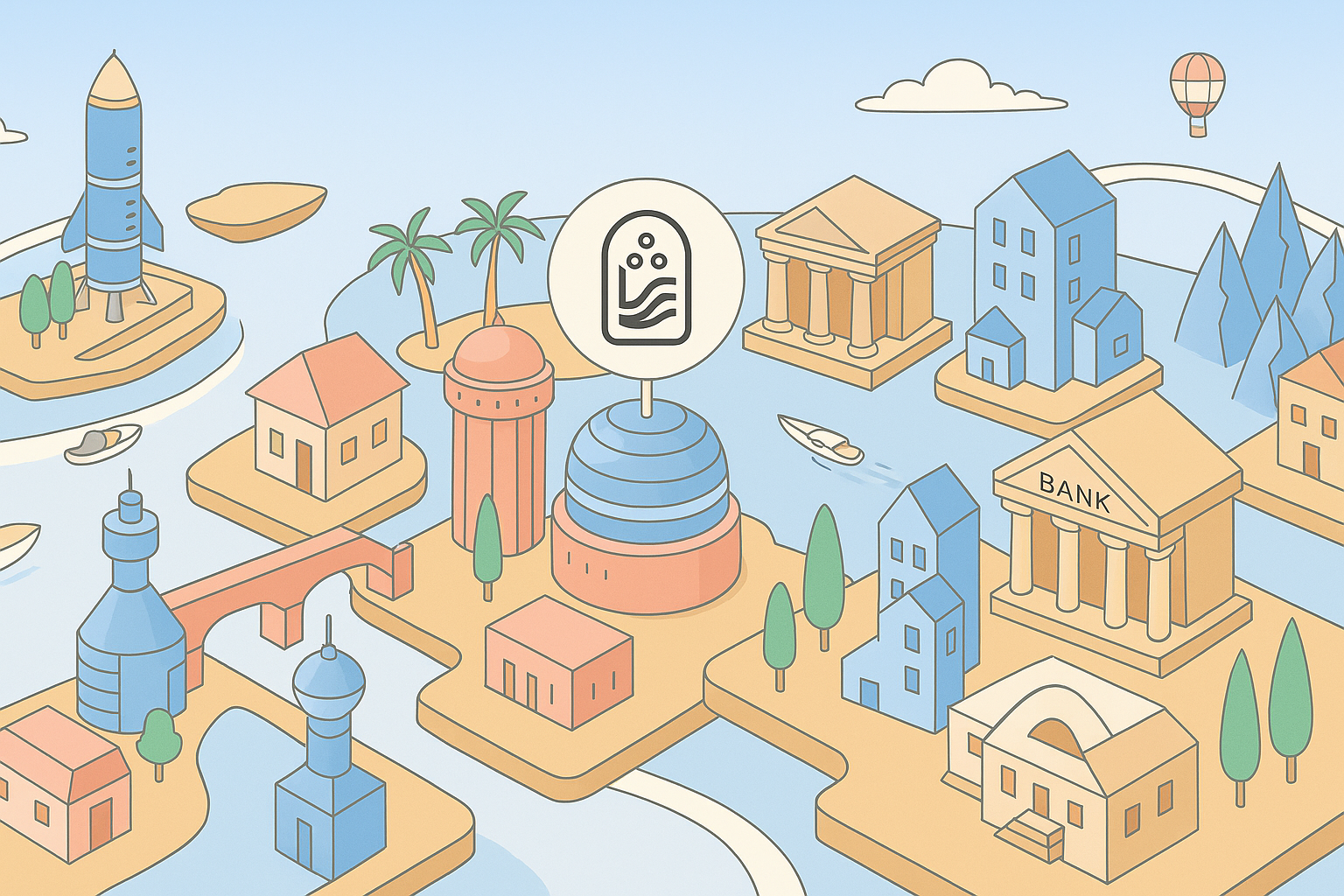 Isometric city illustration with Liquid Finance logo