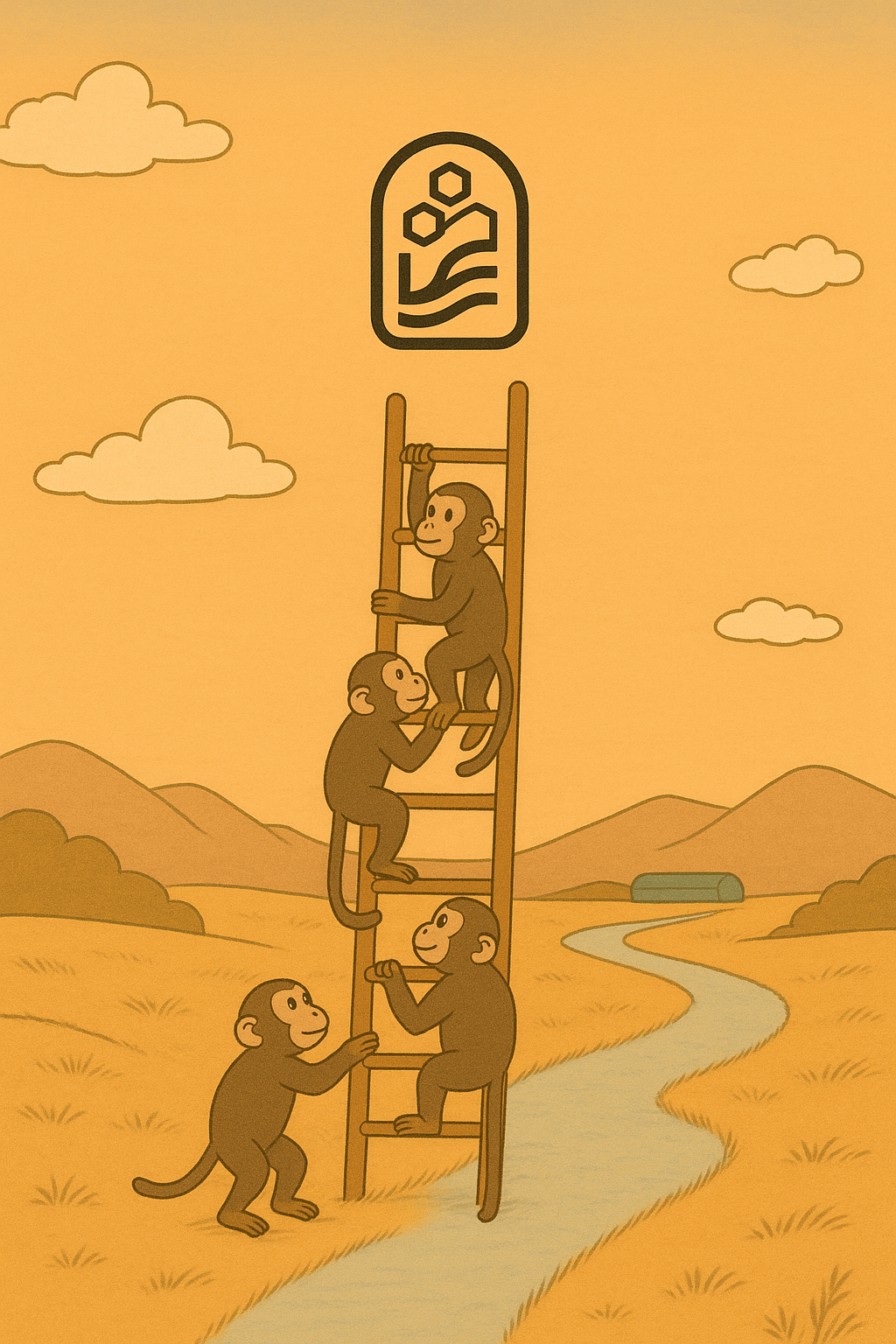 Monkeys climbing a ladder with Liquid Finance logo